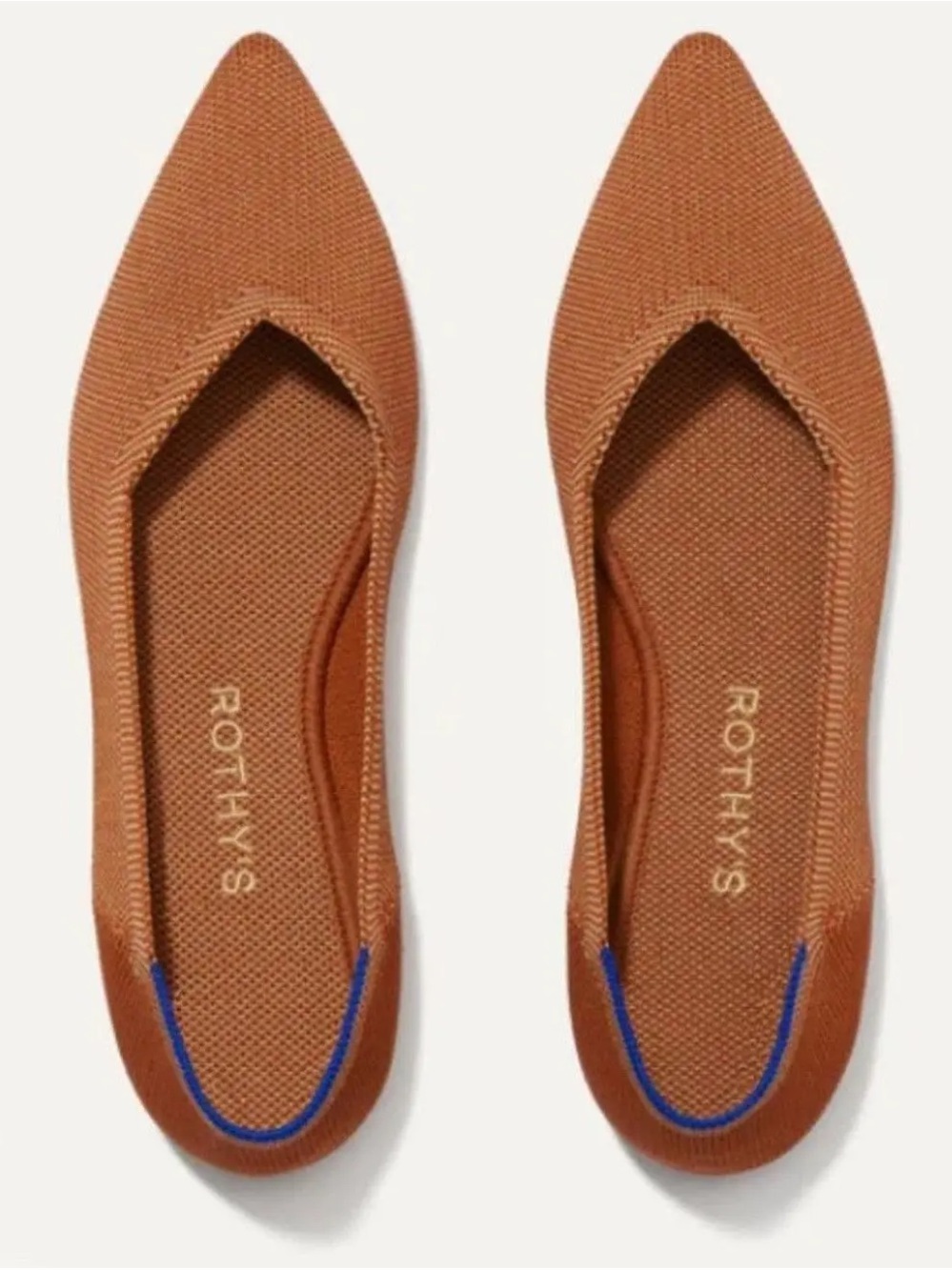 Rothy's Pointed Knit Flats in Rust with Blue Heel Trim